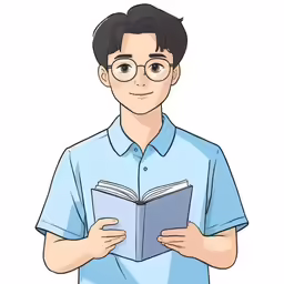 a young man reading a book while wearing glasses