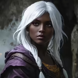 a woman with white hair and blue eyes is dressed in an armor
