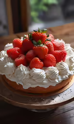 a cake with whipped cream and fresh strawberries on top