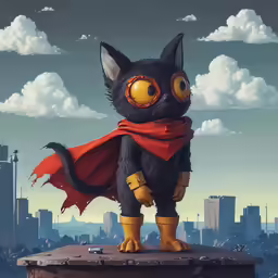 cat with a red cape on top of a rock