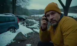 the man in the yellow jacket is using his phone