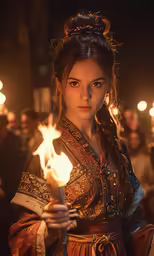 a woman in an oriental dress is holding torches