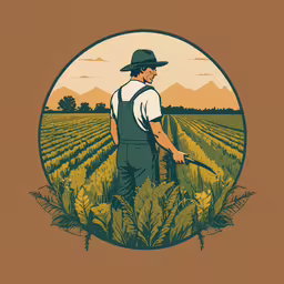 a man in overalls and hat using a hoe to till down plants,a man in overalls and a hat holds a hoe in front of a wheat field