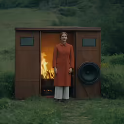 a person standing in front of a small outhouse