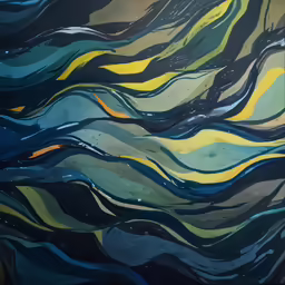 abstract blue, yellow and black paint swirls across the image