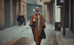 the woman is wearing a brown coat with black purses