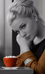 a young blonde woman sitting at a table drinking coffee
