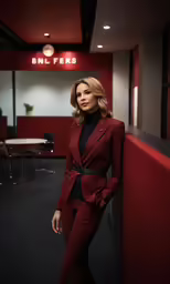 a lady in red wearing suit and boots
