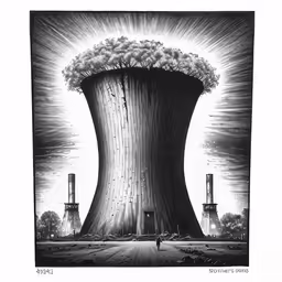 an artistic drawing of a factory with an explosion in the background