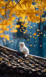 a cat sits on a tiled roof near some trees