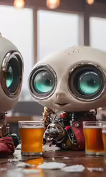 a robot toy on a table with two cups