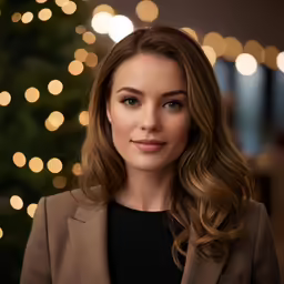 a woman with light brown hair and a brown jacket
