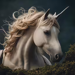 a white horse with blonde hair standing on some grass