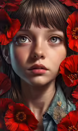 a young girl surrounded by red flowers and petals