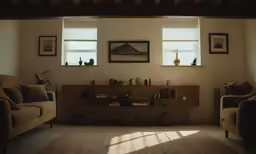 living room with white walls and three windows