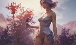 a woman in a grey swimsuit standing in front of a mountain