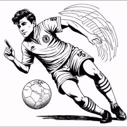 a black and white drawing of a man kicking a soccer ball