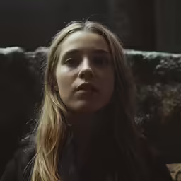a woman with long hair looking at something