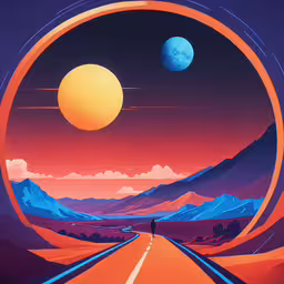 an image of two different planets in the sky,a poster showing the landscape, a man and a moon