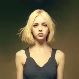 a woman with blonde hair in a black shirt