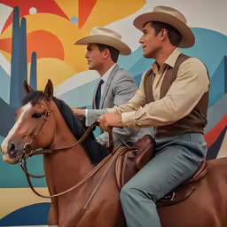two men dressed in vintage clothing are sitting on horses