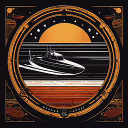 a stylized and stylized drawing of a white boat floating on water,an old poster with a boat in a circle