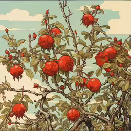 a tree filled with lots of ripe red fruit,the tree is full of ripe fruit and green leaves