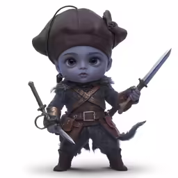 a little doll with big ears holds two swords