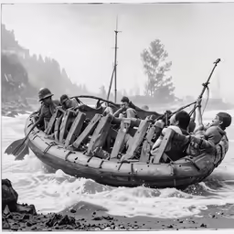 the men are in a raft with three people on it