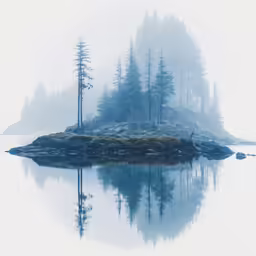 a small island with some trees around it