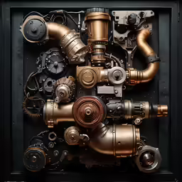 a group of metal pipes and other industrial parts