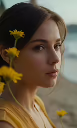 a close - up of a young woman with flowers in her hair