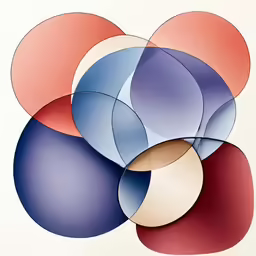 an abstract artwork with different colored objects on a white background