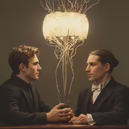a couple is looking at a lamp with roots in it
