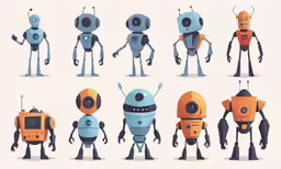 a set of robot poses and expressions that are in a 3d - rendering style