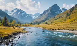 there is mountains and grass around the river