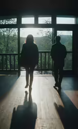 two people walking on a porch near a forest