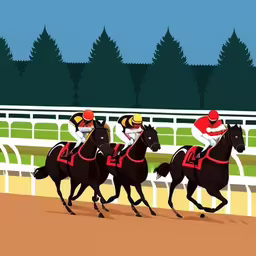 jockeys on horses racing around the track,a group of men riding horses down a race track