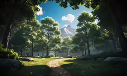 a path leading through an area with lots of green trees