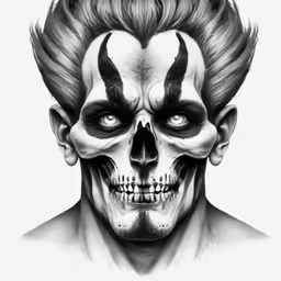 a black and white drawing of a skeleton with two faces