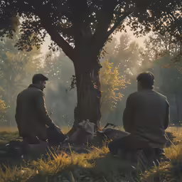 two men sitting next to a tree in the woods
