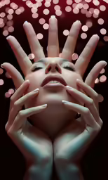 a model is posed in front of pink lights