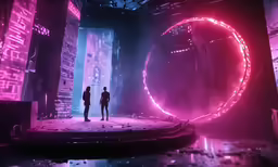 a couple of people standing on a stage with light