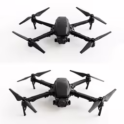 two views of a black quad with propellers