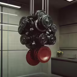 large metal and red item hanging from a ceiling