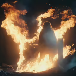 an oversize image of a person next to a flame