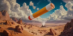 a rocket floating through a barren mountain valley
