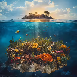 an island in the middle of water with flowers floating over it