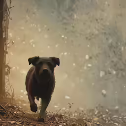 a dog runs along the forest trail during winter