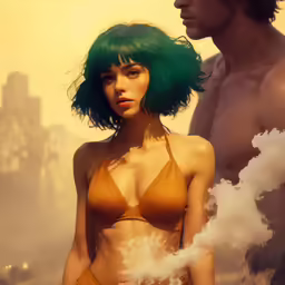 there is a girl in a bra and a man in the back